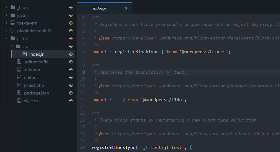 Screenshot of a code editor that showcases the initial code for creating a block plugin.