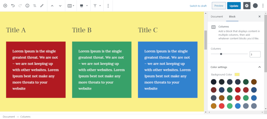 Screenshot of changing the background color for a group of columns in Gutenberg.