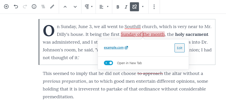 Screenshot of the new Gutenberg UI for adding links.