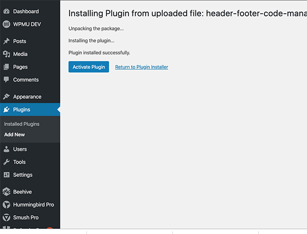 Header Footer Code plugin install screenshot.