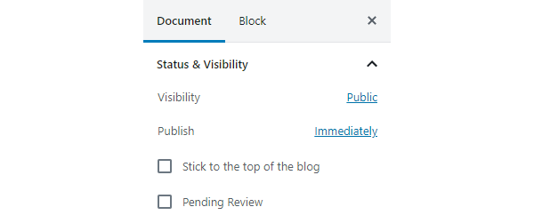 Image of the blog creation menu on the theme twenty nineteen