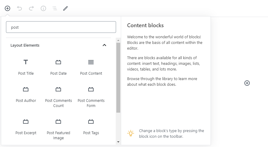 Screenshot of the block inserter, showcasing the post-related blocks for full-site editing.