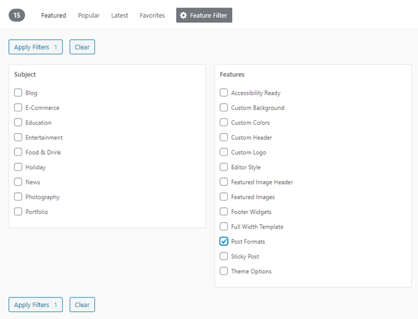 Example of filtering WordPress themes to show ones ones which support post formats.
