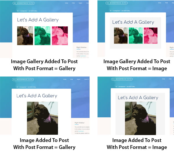 Screenshot comparing images and image galleries using different post formats.