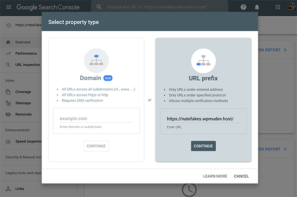 Select property type screen for Google Console.