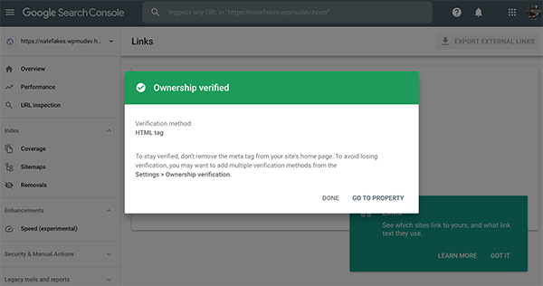 Verified Google Search Console screen.