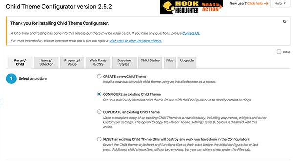Child Theme configure dashboard.