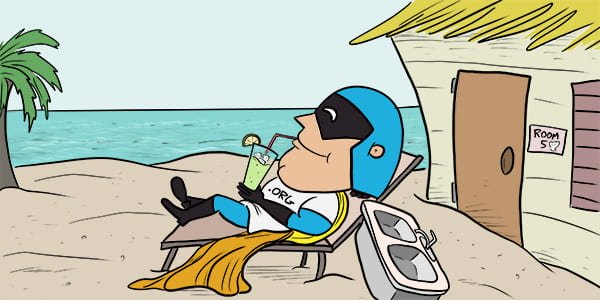 Cartoon showing Dev Man on a nice beach