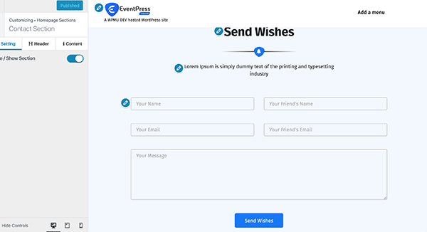 EventPress contact form.