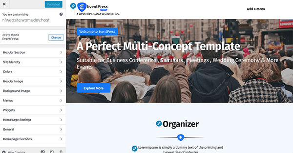 EventPress customization page.
