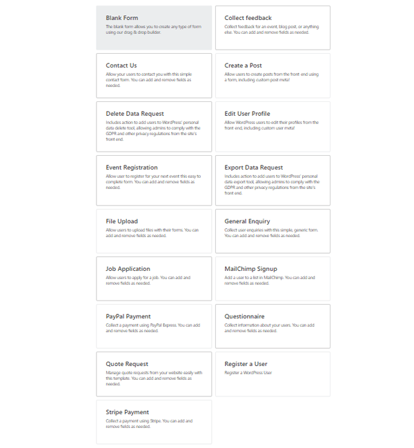 Showing the full list of templates.