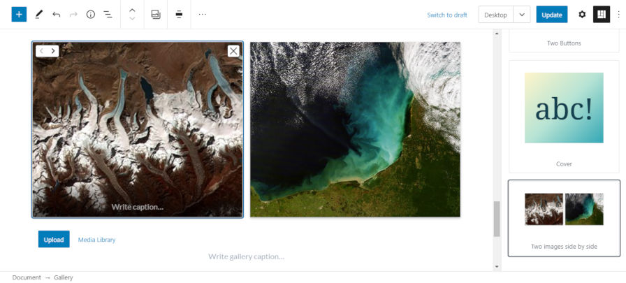 Screenshot of using block patterns in Gutenberg.