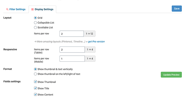 Content View display settings.