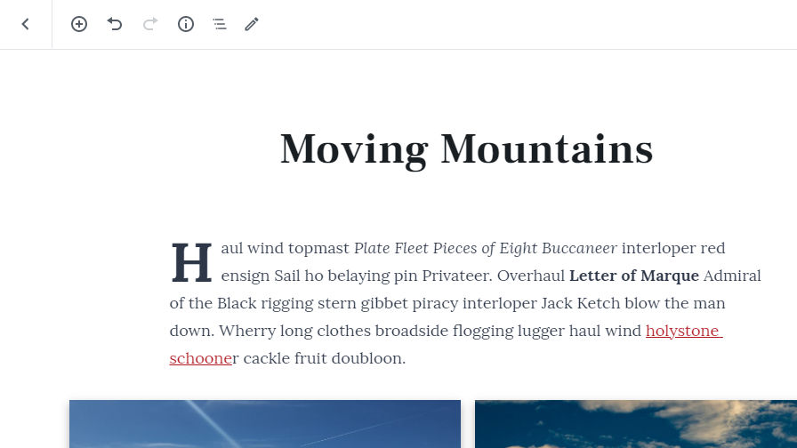 Closer screenshot of the fullscreen post editor and its toolbar.
