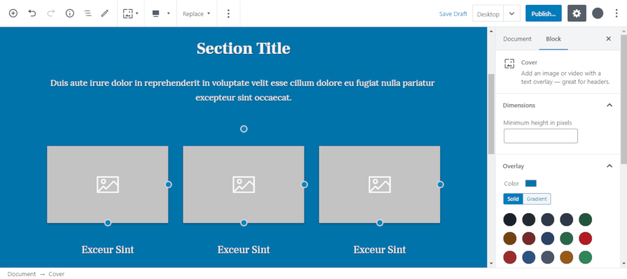 Screenshot of using the "Hero 3" template from the Gutenberg Hub block templates library.