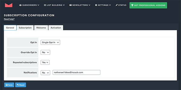 Newsletter subscription configuration.