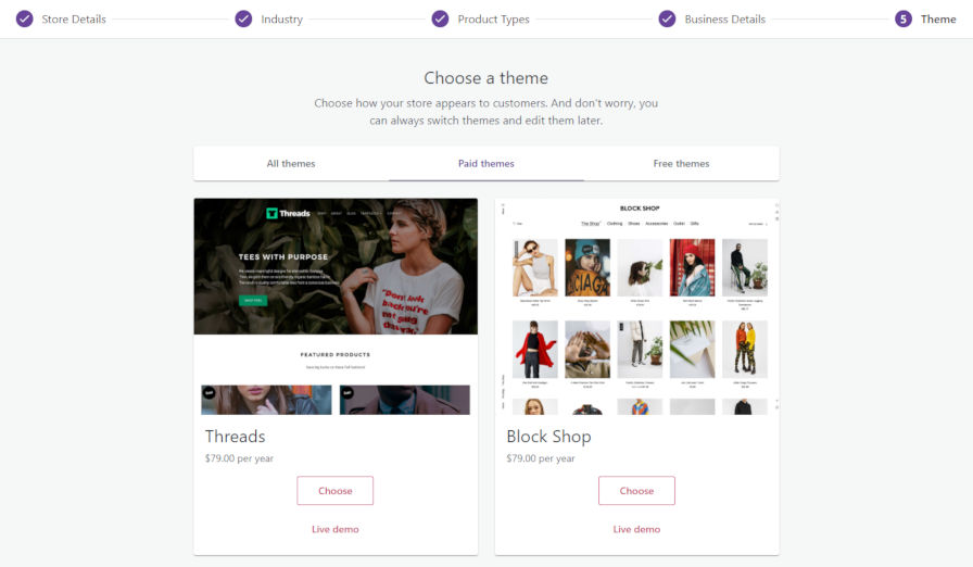 Screnshot of the theme selection process during WooCommerce onboarding.