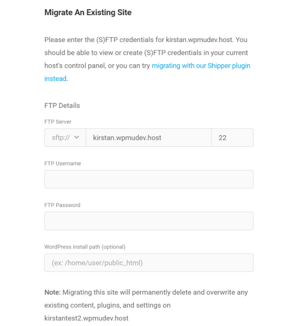 Showing the WPMU DEV website migration options.