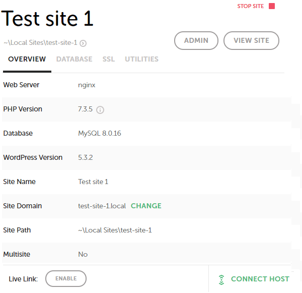 Screenshot showing the site details including name, path, domain, database version and WordPress version.