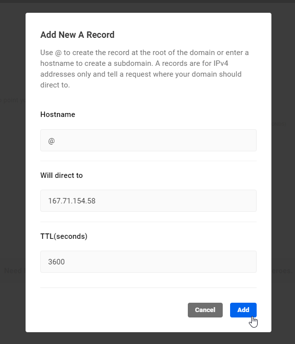 Add New A Record screen.