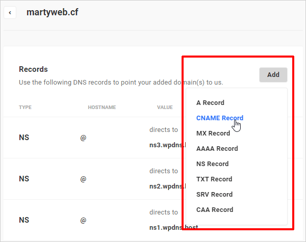 DNS Records dropdown menu list.