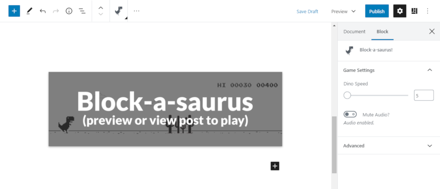 Screenshot of the Block-a-saurus game in the block editor.