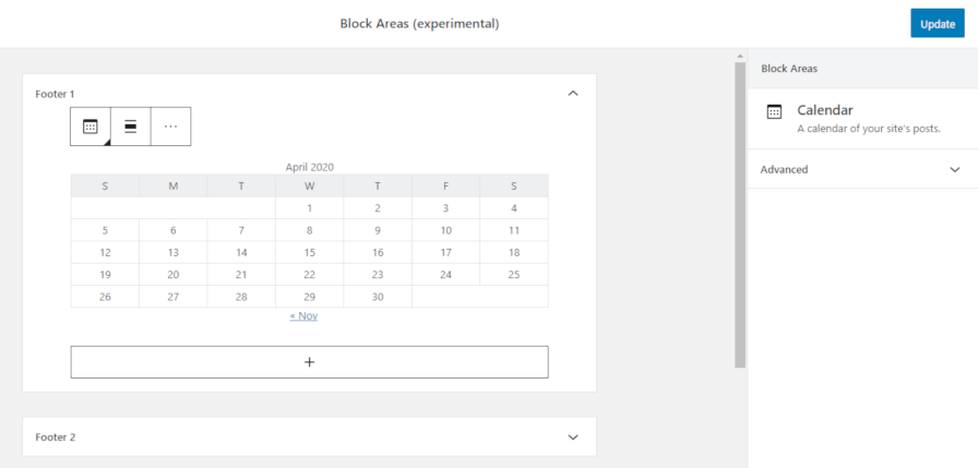 Screenshot of the experimental block areas screen in the Gutenberg plugin.