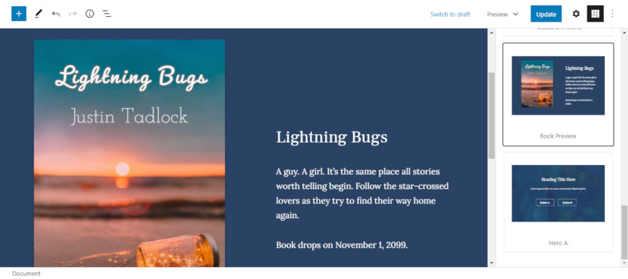 Screenshot of inserting a block pattern into the post editor.