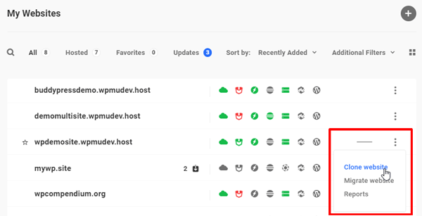 Hub - My Websites screen.