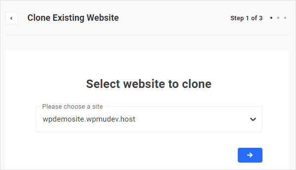 Clone Existing Website screen - Select website to clone
