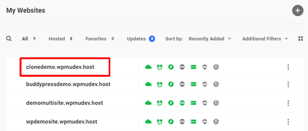My Websites - new cloned site highlighted in hosted sites list.