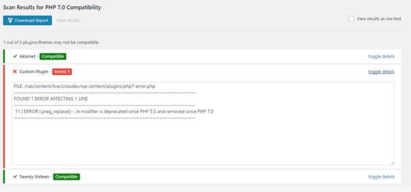 The compatibility results screen.