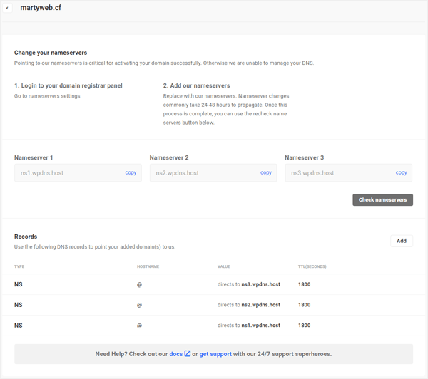 DNS Nameservers screen - WPMU DEV DNS