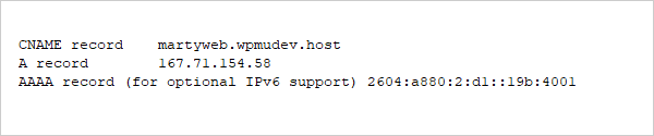 Sample website's DNS records.