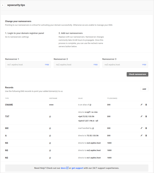Screen showing all DNS records for example domain name.