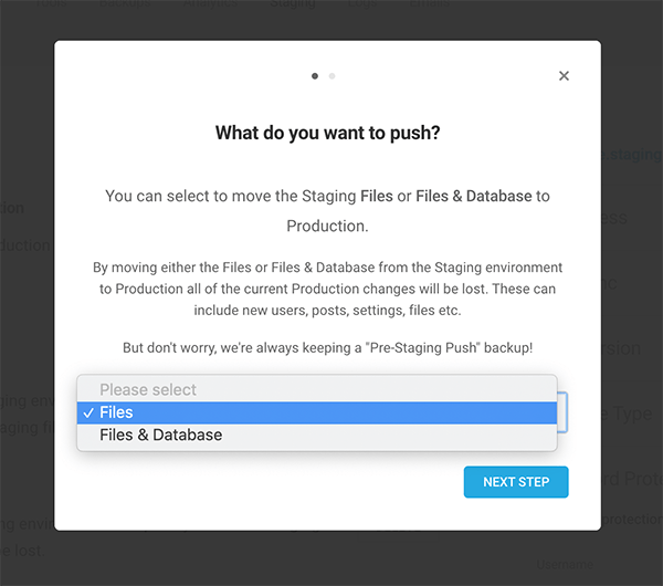 Options when staging a site.