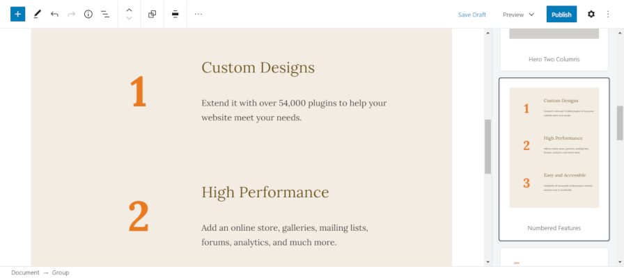 Screenshot of using the Numbered Features block pattern.