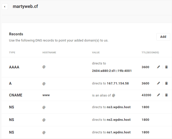 Sample DNS records screen.