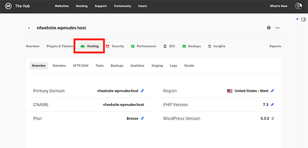 The hub hosting tab.