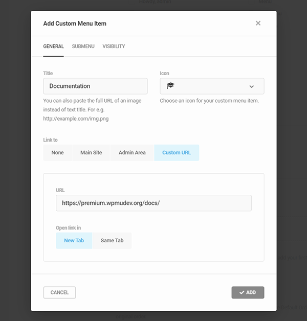 Screenshot of the add custom menu item screen.