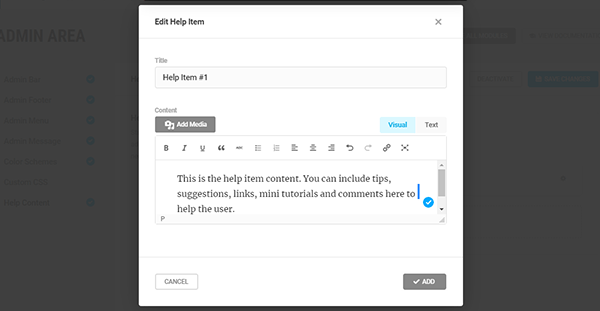 Screenshot of a new help item being added.