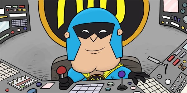 Cartoon of DevMan sitting at the controls