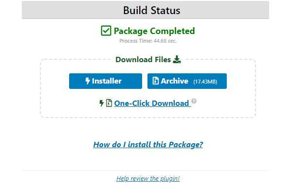 Screenshot showing the package completed screen from which you can download the files.