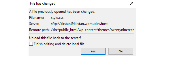 The pop-up which asks if you want to upload the file back to the server.