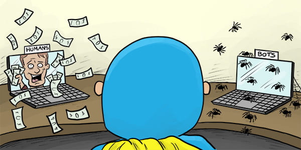 Cartoon of Devman staring at two laptops - one with human visitors ready to buy products, the other with spider bots.