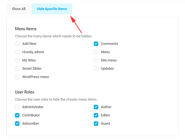 Screenshot showing the hide menu items screen