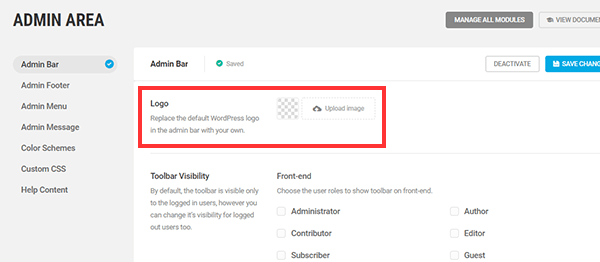 Screenshot of the admin area which shows the option to change your logo.