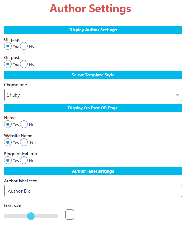 About Author Settings screen