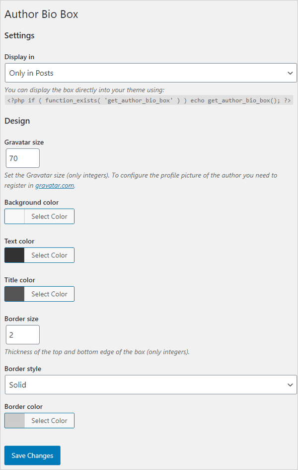 Author Bio Box Settings screen.