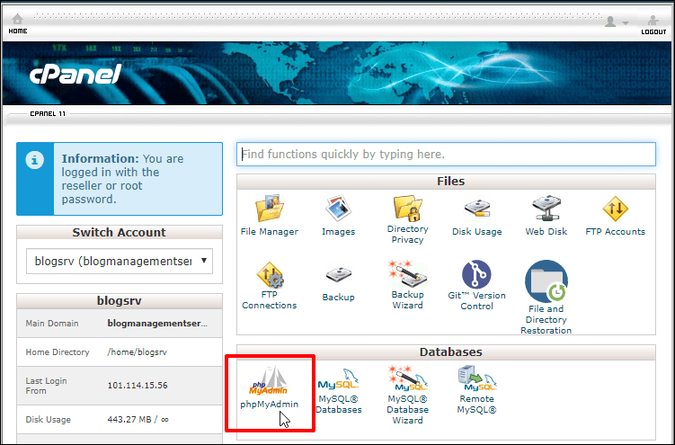 cPanel dashboard with phpMyAdmin highlighted.